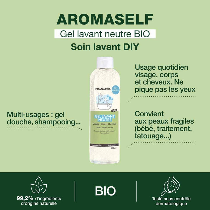 Pranarôm Aromaself Gel Lavant Base Neutre Bioes Face, Body and Hair 500ml (16.91fl oz)