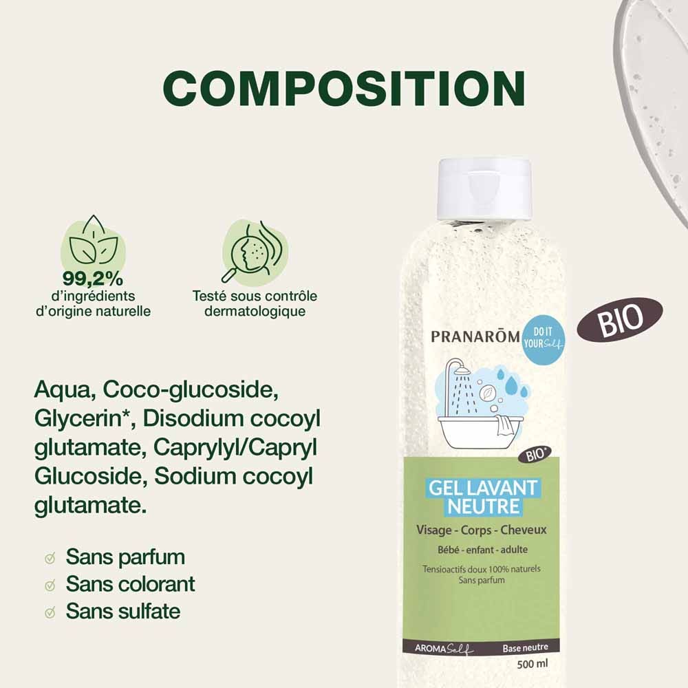 Pranarôm Aromaself Gel Lavant Base Neutre Bioes Face, Body and Hair 500ml (16.91fl oz)