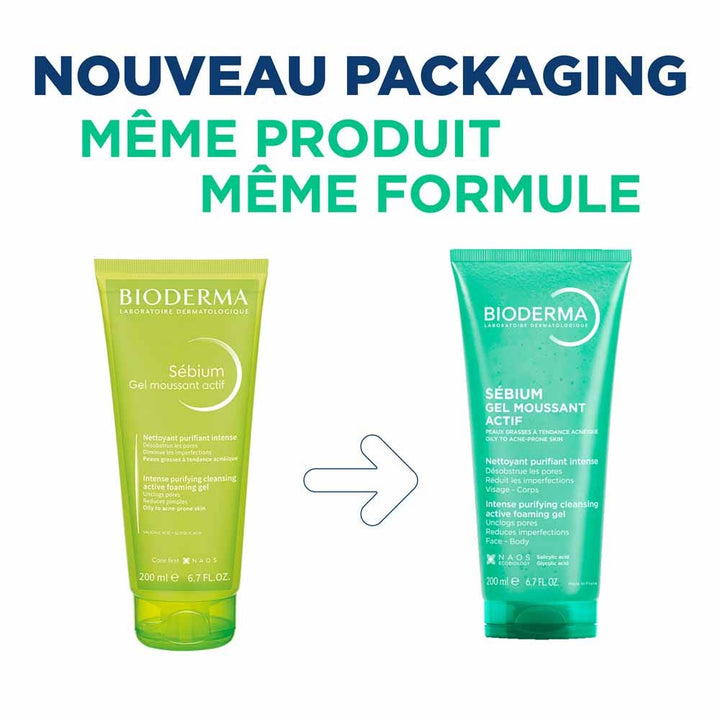 Bioderma Sebium Gel moussant actif 200 ml (6,76 fl oz) pour la peau grasse sujette à l'acné