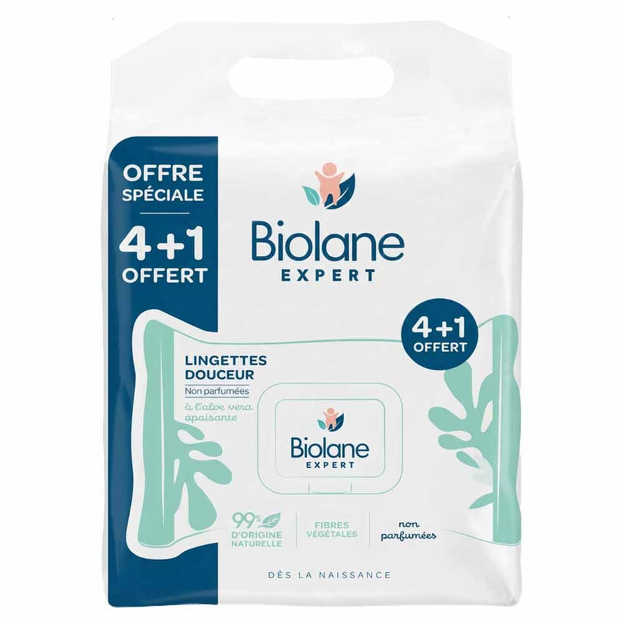 Biolane Expert Fragrance-Free Gentle Wipes with Soothing Aloe Vera 4 x 60 + 1 Free