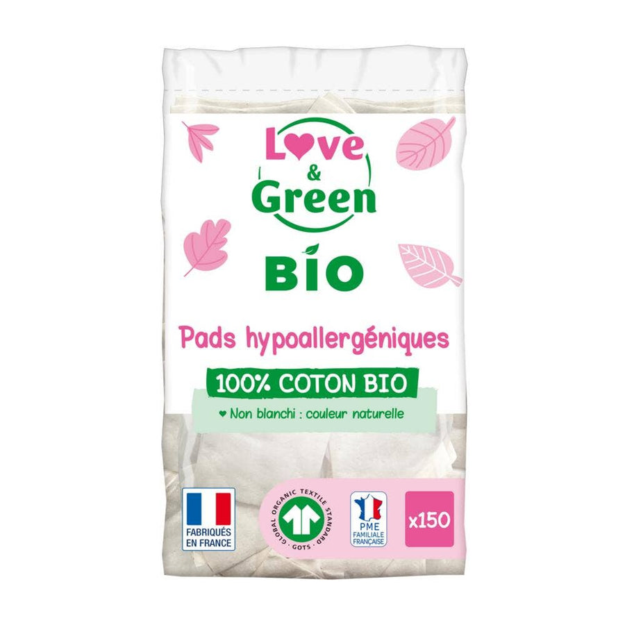 Love&Green Cotons pads hypoallergéniques 100% coton bio non blanchi x150