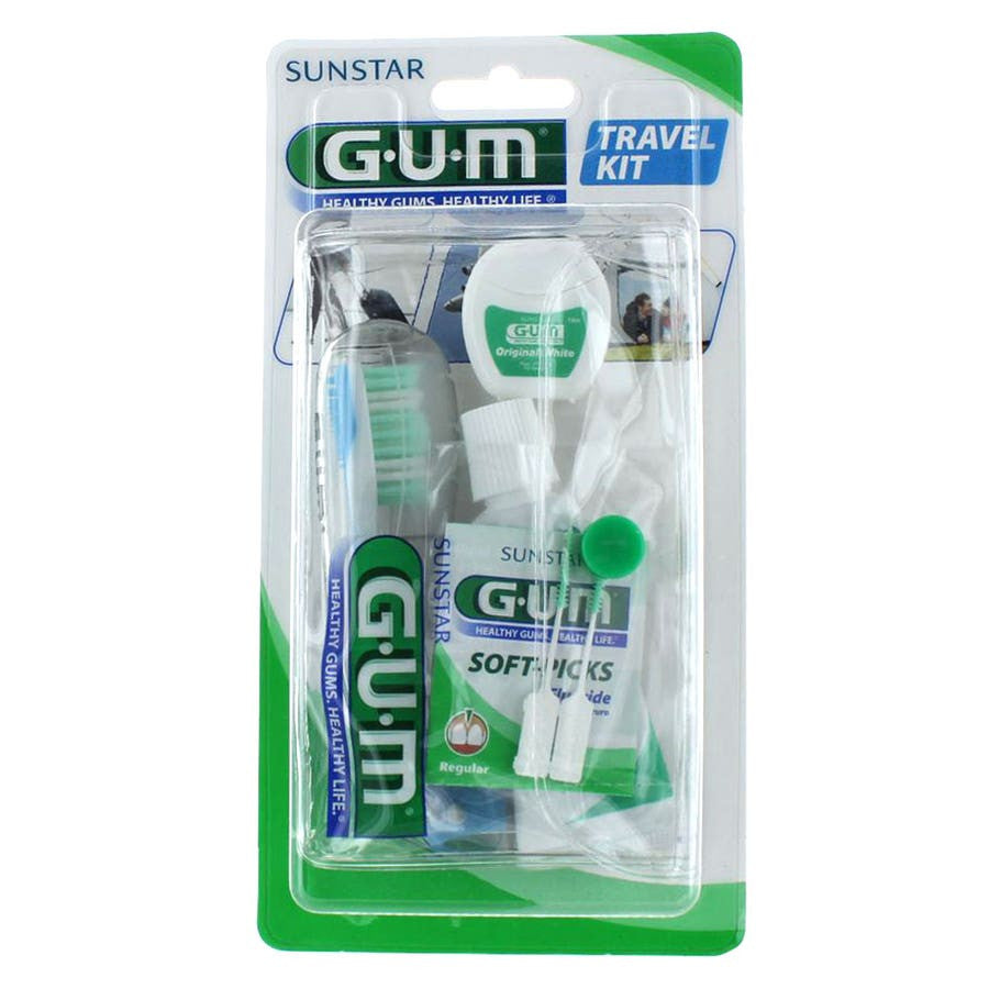 GUM Travel Kit with Toothbrush, Toothpaste, Floss, and Interdental Brushes