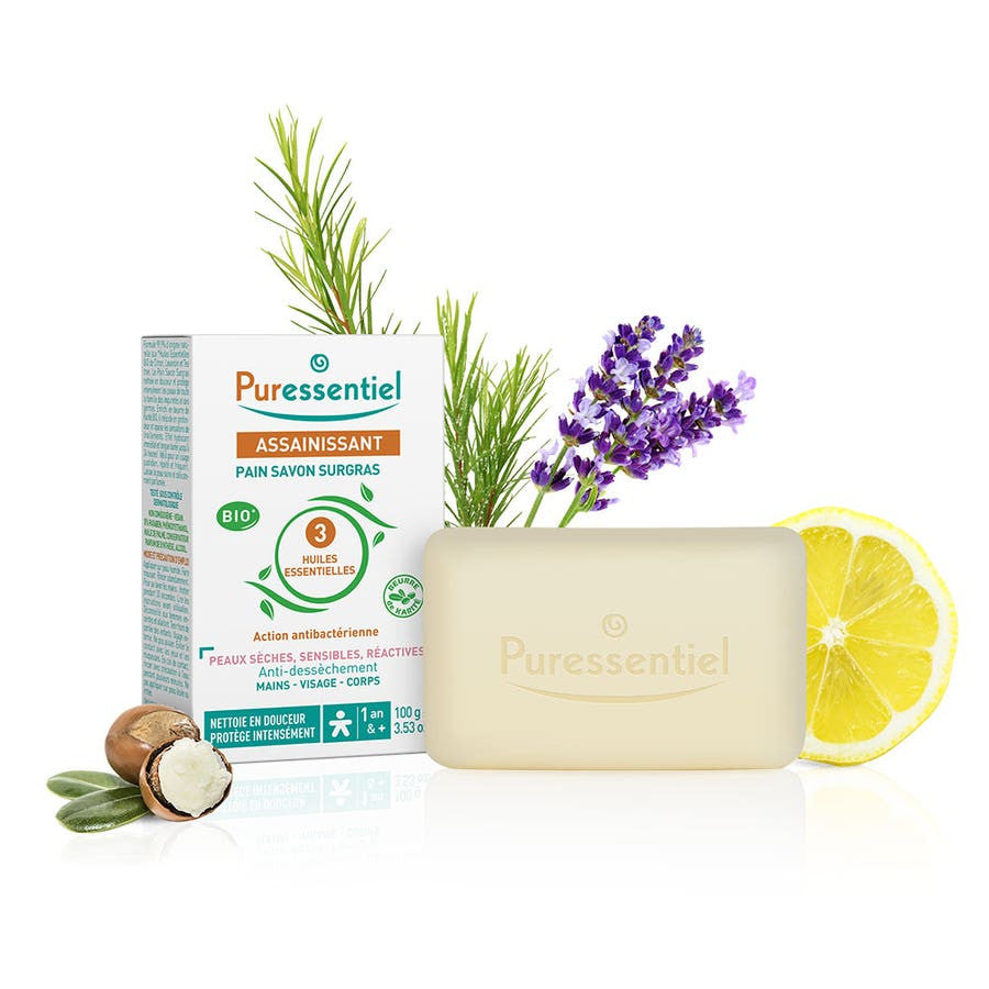 Puressentiel Sanitizing Superfatted Soap Bar with 3 Organic Essential Oils 100g (3.52 oz)