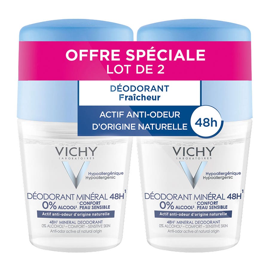 Vichy Deodorants Mineral Deodorant 48h Aluminium Salt Free Sensitive Skins Mineral Roll-on 2x 50ml (1.69fl oz)