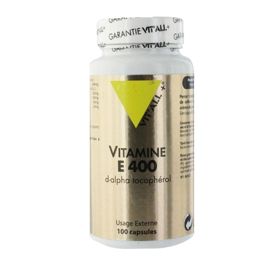 Vit'All+ Vitamine E 400 D-Alpha Tocophérol 100 gélules pour l'hydratation de la peau 