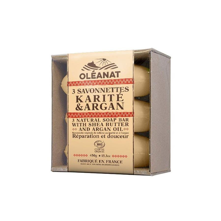 Savons au beurre de karité bio Oleanat Karité Argan 150 g x 3 (5,29 oz x 3) 