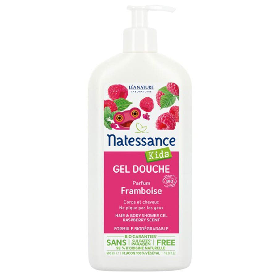 Gel douche corps et cheveux bio à la framboise Natessance Kids 500 ml 