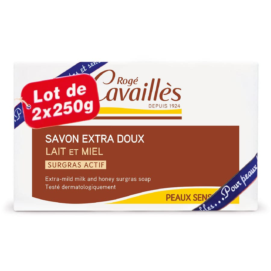 Rog Cavaills Surgras Actif Extra Mild Milk And Honey Surgras Soap 250g x2 (8.81 oz x2)