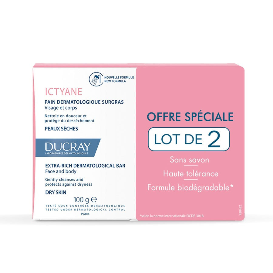 Ducray Ictyane Pain Dermatologique Extra Riche Peaux Sèches 100g x2 (3.52 oz x2) 