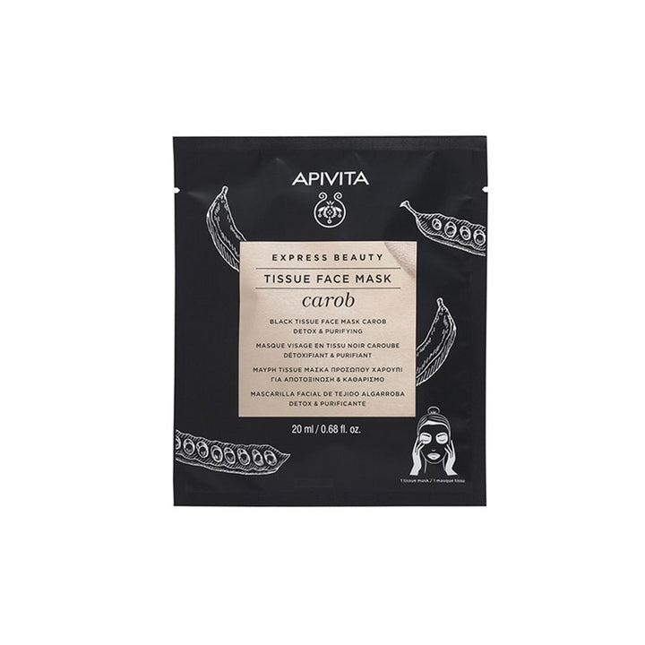 Masques visage en tissu noir détoxifiants et purifiants Apivita Express Beauty à la caroube 20 ml 