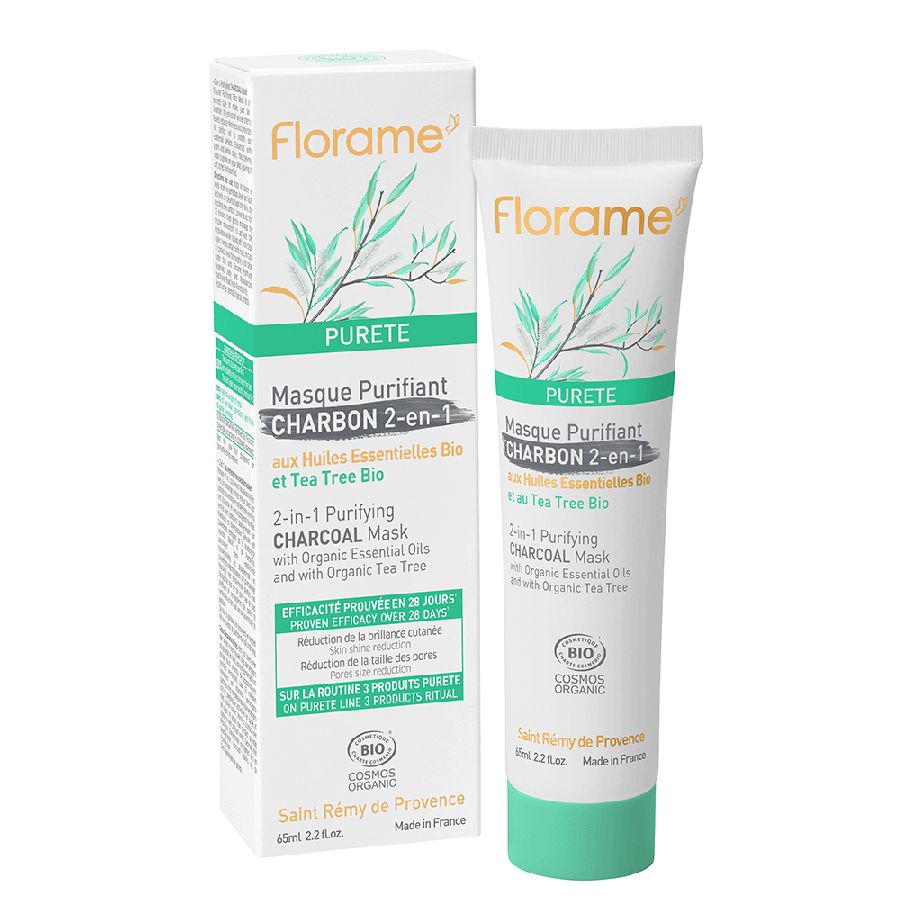 Florame Masque Purifiant au Charbon 2 en 1 Pureté bio Peaux Mixtes à Grasses 65 ml (2,19 fl oz) 