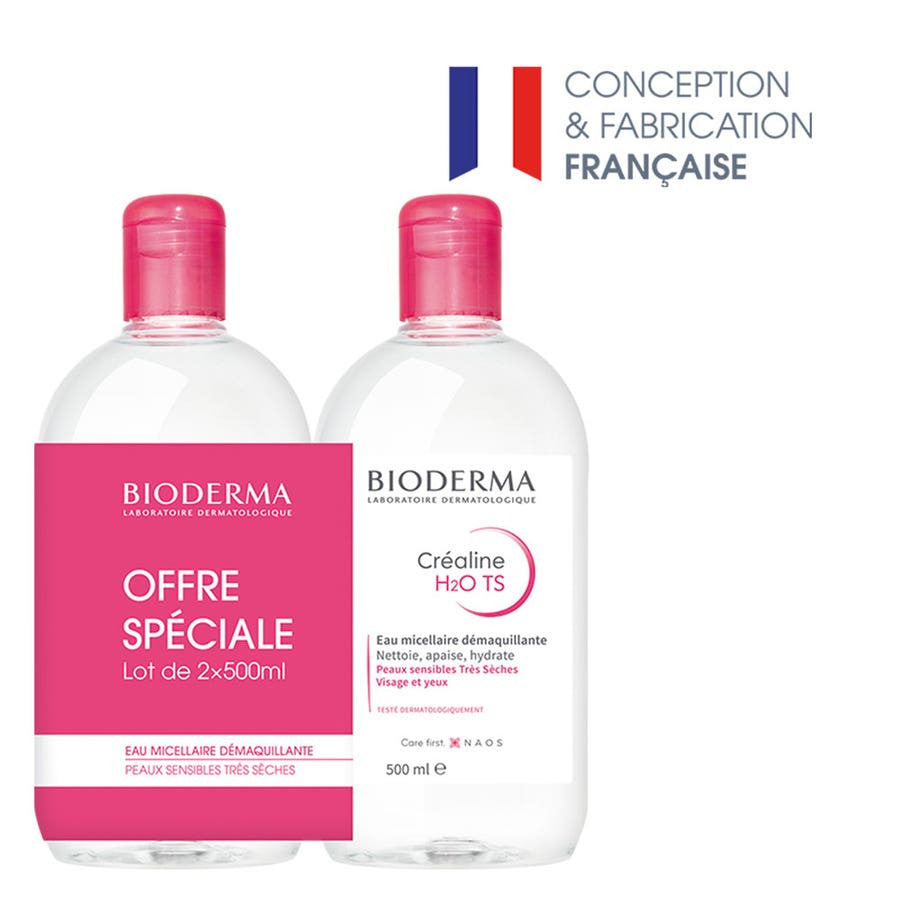 Bioderma Créaline H2O Eau Micellaire Démaquillante Peaux Sensibles, Sèches à Très Sèches 500 ml x2 (16,90 fl oz x2) 