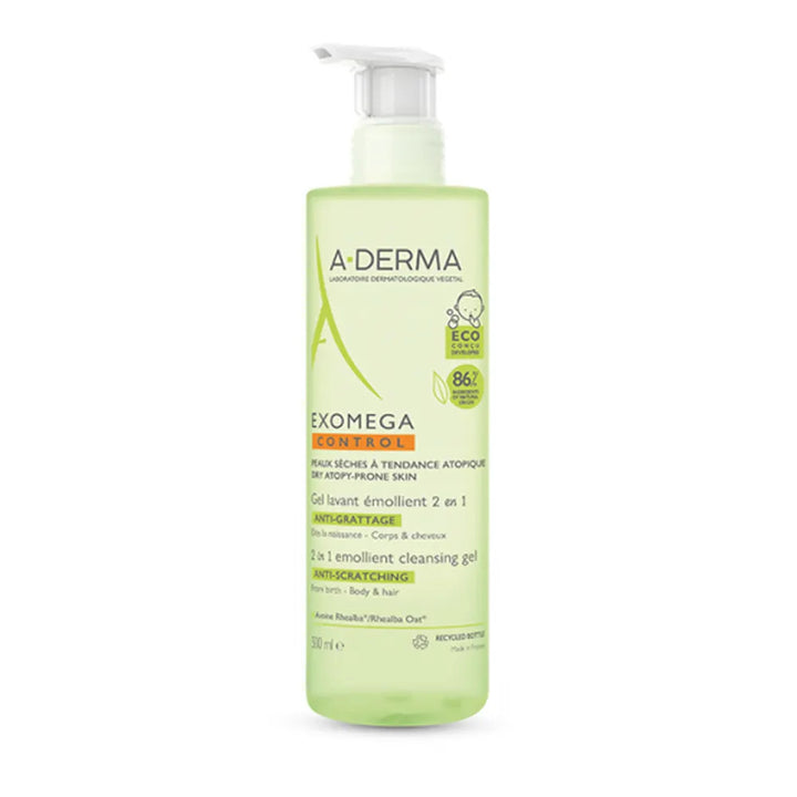 Gel nettoyant émollient A-Derma Exomega Control pour peaux sèches à tendance atopique - Corps et cheveux 