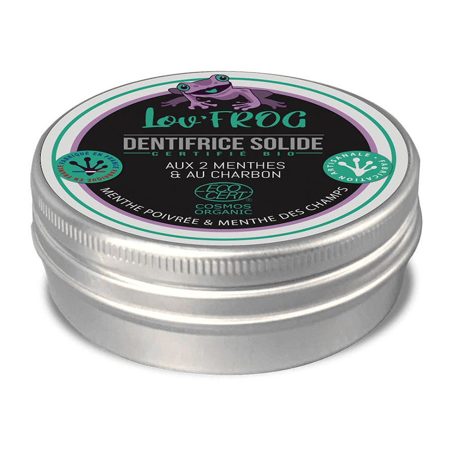 Dentifrice solide Lov'Frog aux 2 menthes et au charbon actif, certifié bio, 50 g 