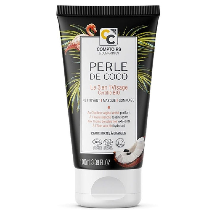 Comptoirs Et Compagnies 3-en-1 Perle de Coco Visage au Charbon Végétal Activé Peaux Mixtes à Grasses 100 ml (3,38 fl oz) 