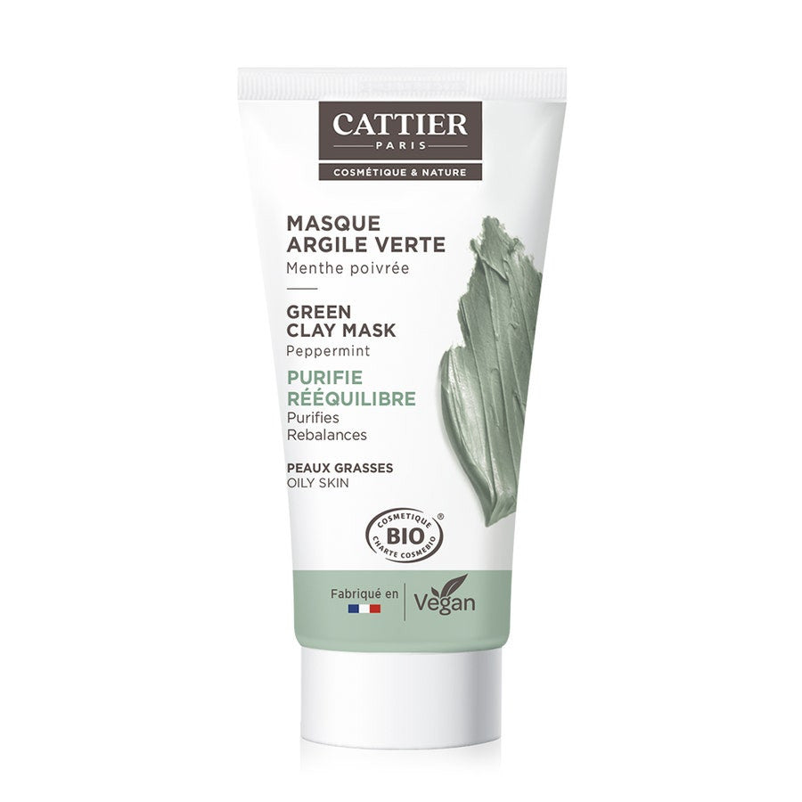 Cattier Organic Green Clay Mini Mask 30ml (1.01 fl oz) with Peppermint - Purifying & Rebalancing for Oily Skin