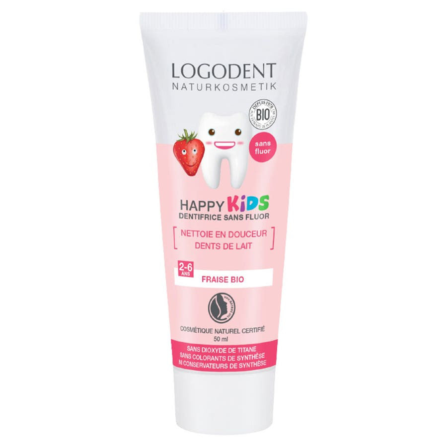 Gel dentifrice bio à la fraise Logona Logodent Happy Kids sans fluorure 50 ml 