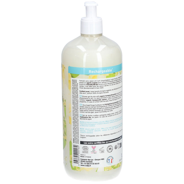 Coslys Gel douche ultra-riche nourrissant au chèvrefeuille bio Peaux sèches 1L