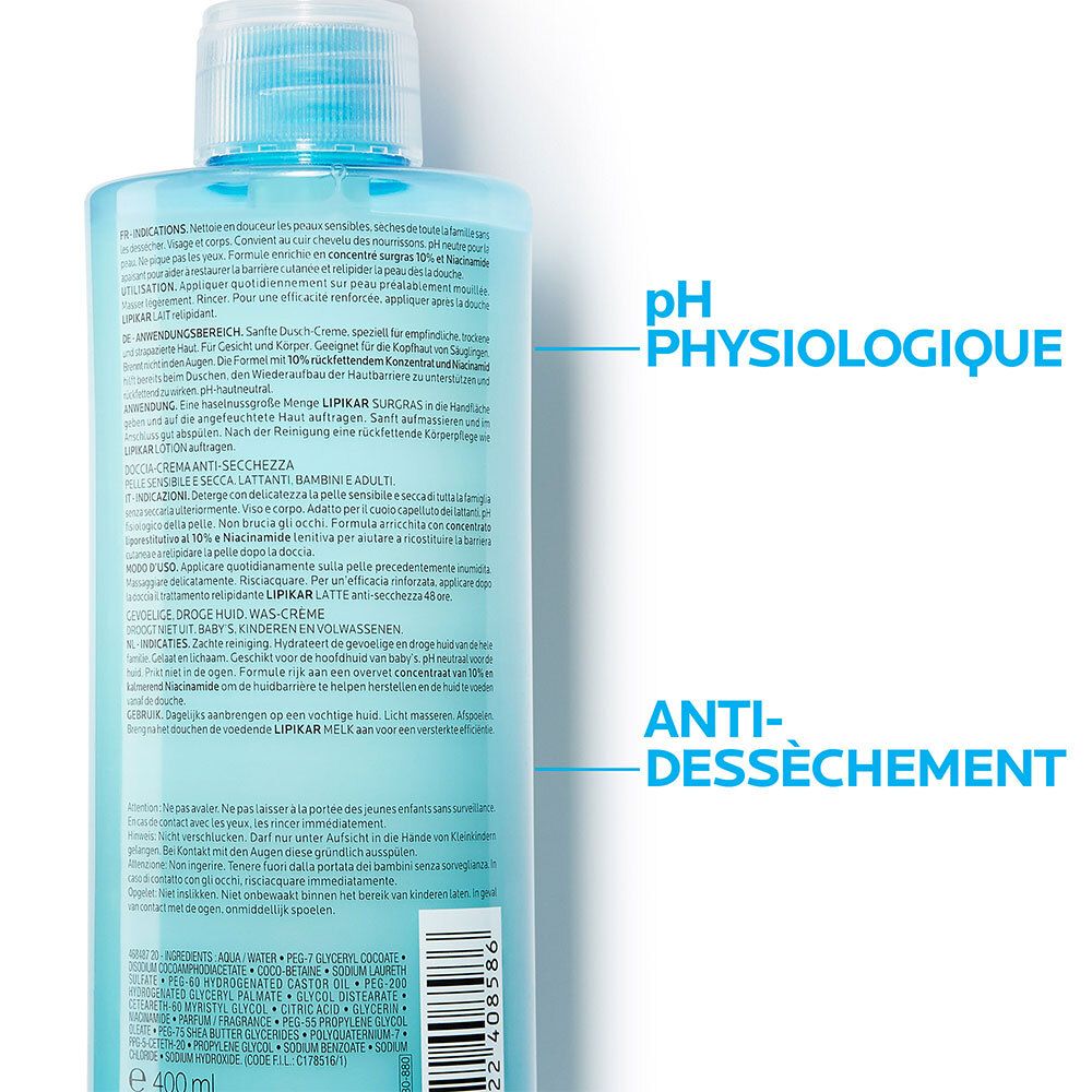 La Roche-Posay Lipikar Surgras Crème de douche concentrée pour peaux sèches et sensibles 750ml