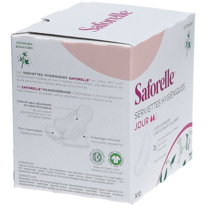 Saforelle Serviettes hygiéniques de jour avec ailettes en coton biologique x10