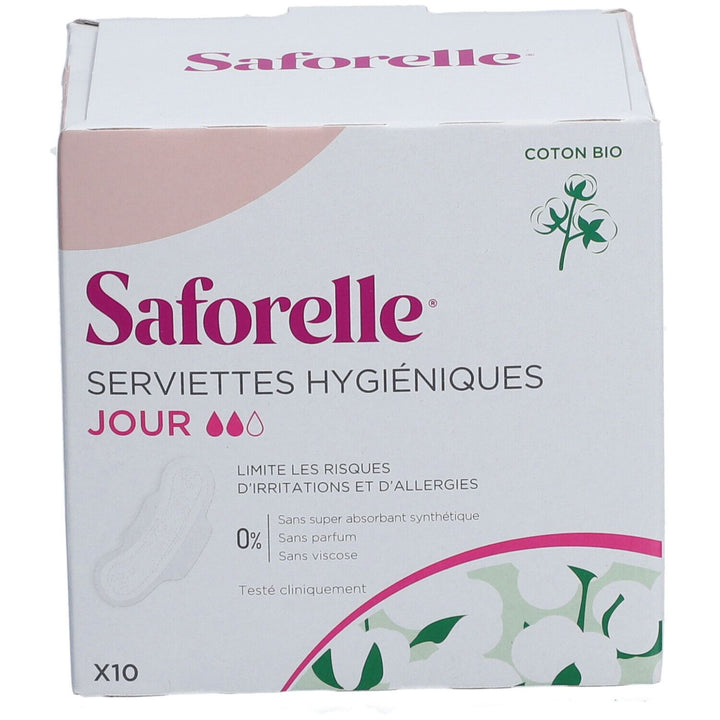 Saforelle Serviettes hygiéniques de jour avec ailettes en coton biologique x10