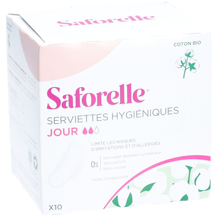 Saforelle Serviettes hygiéniques de jour avec ailettes en coton biologique x10