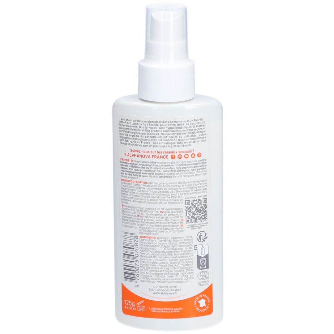 Alphanova Bébé Spray solar ecológico hipoalergénico SPF 50 125g