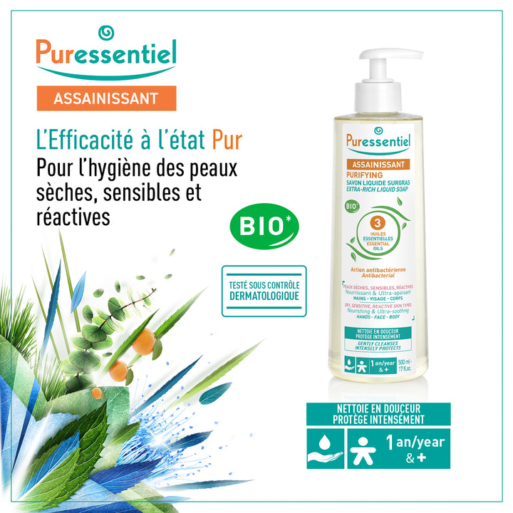Puressentiel Sanitizing Superfatted Soap with 3 Organic Essential Oils 500ml (16.90fl oz)