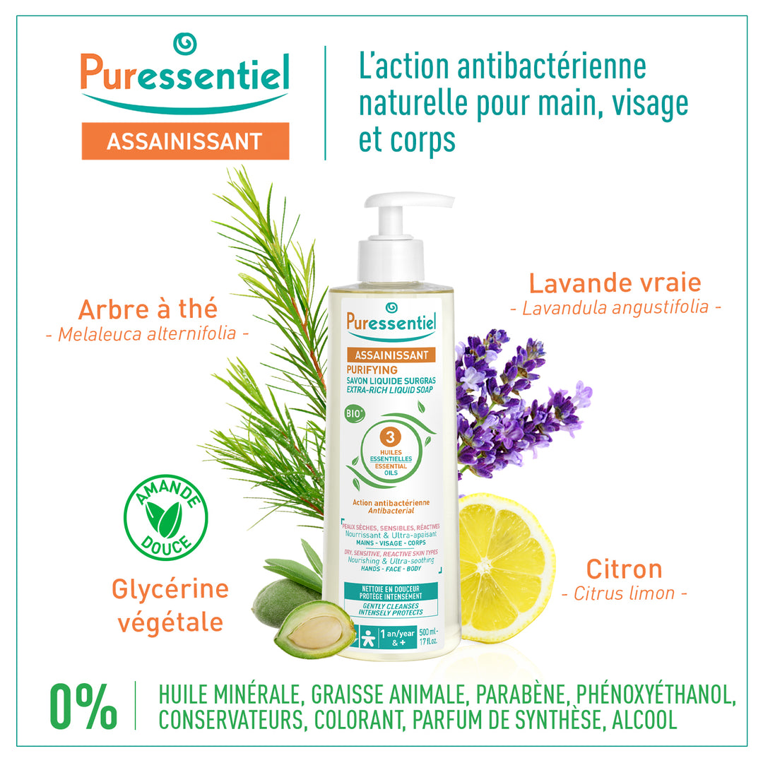 Puressentiel Sanitizing Superfatted Soap with 3 Organic Essential Oils 500ml (16.90fl oz)