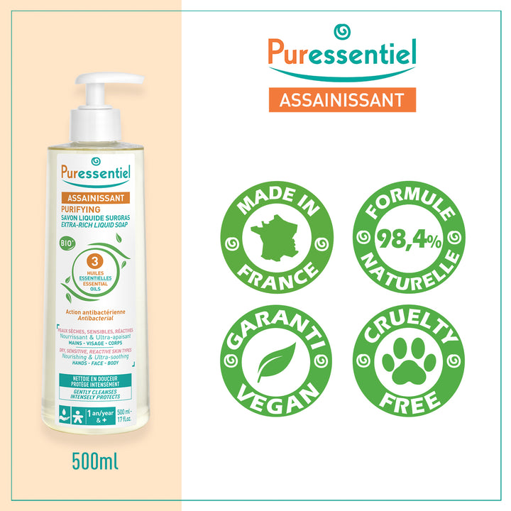 Puressentiel Sanitizing Superfatted Soap with 3 Organic Essential Oils 500ml (16.90fl oz)