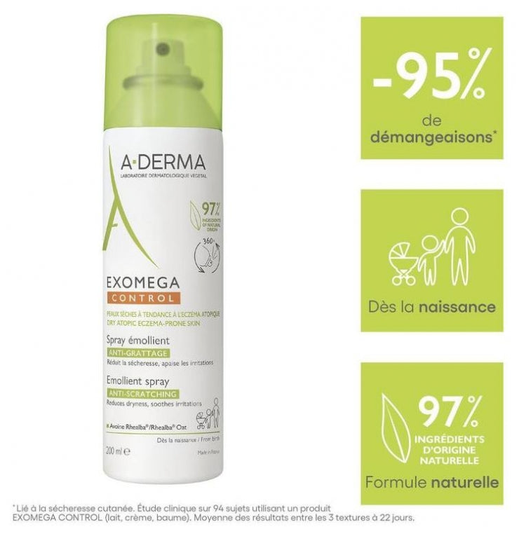 A-Derma Exomega Control Anti-Scratching Emollient Spray Dry Skin prone to Atopic Eczema 200ml (6.76fl oz)