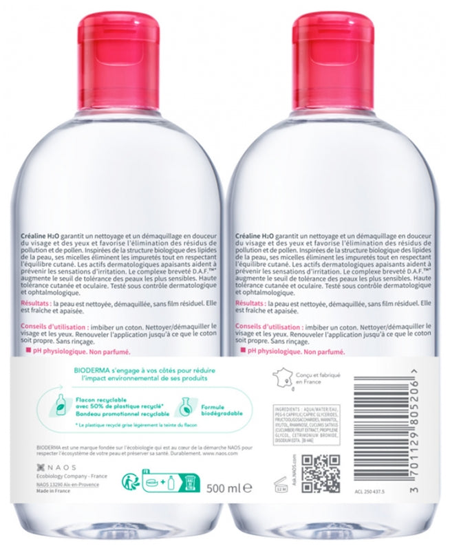 Bioderma Sensibio H2O Micellar Solution Makeup Remover Fragrance-Free 500ml x2 (16.90 fl oz x2)