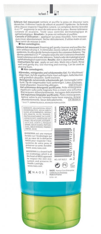 Bioderma Sebium Gel limpiador espumoso purificante para piel mixta a grasa, piel grasa 100ml