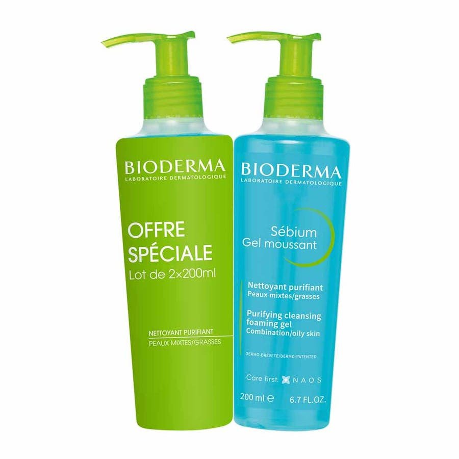 Bioderma Sebium Purifying Cleansing Foaming Gel for Combination to Oily Skin 200ml x2 (6.76 fl oz x2) - FrenchBeautyHub