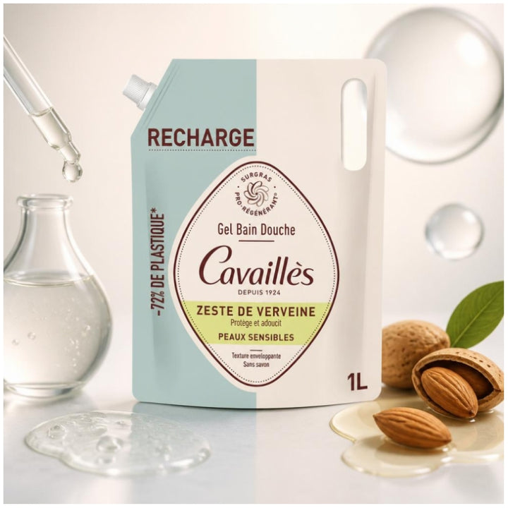 Cavaillès Surgras Gel de baño y ducha Pro-Regenerador Recarga ecológica Verbena cítrica 1L