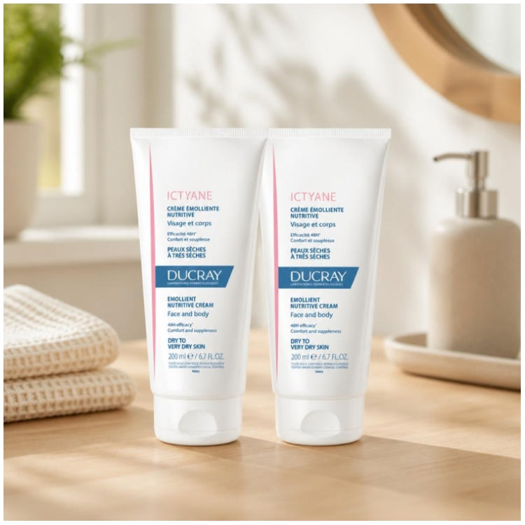 Ducray Ictyane Crème émolliente nutritive visage et corps peaux sèches à très sèches 200ml x2