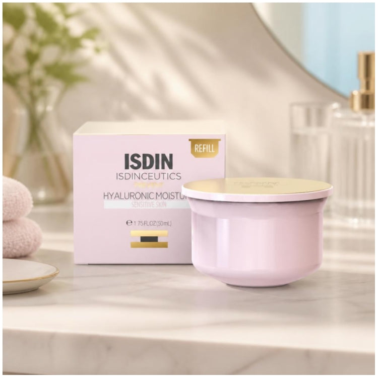 Isdin Hyaluronic Moisture Crema de día hidratante y antiedad, recambio para prevenir la sensibilidad de la piel 50g