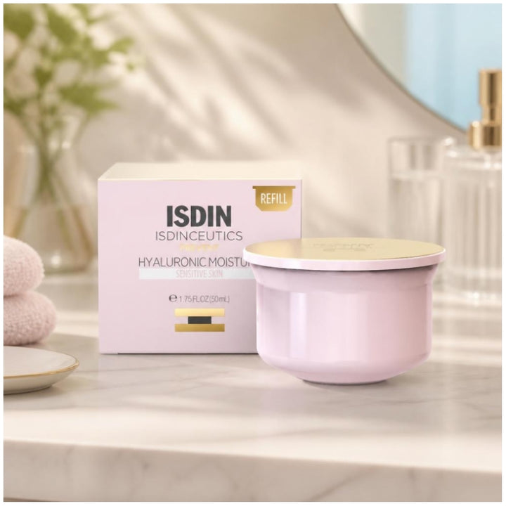 Isdin Hyaluronic Moisture Crema de día hidratante y antiedad, recambio para prevenir la sensibilidad de la piel 50g
