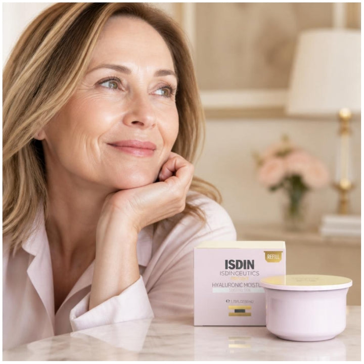 Isdin Hyaluronic Moisture Crema de día hidratante y antiedad, recambio para prevenir la sensibilidad de la piel 50g