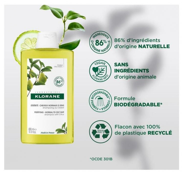 Klorane Purifying Shampoo with Citrus Pulp - Energizing and Shine-Enhancing Formula