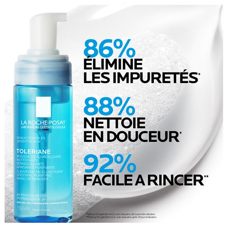 La Roche-Posay Toleriane Mousse d'eau micellaire nettoyante et démaquillante à l'eau thermale Peaux sensibles 150ml