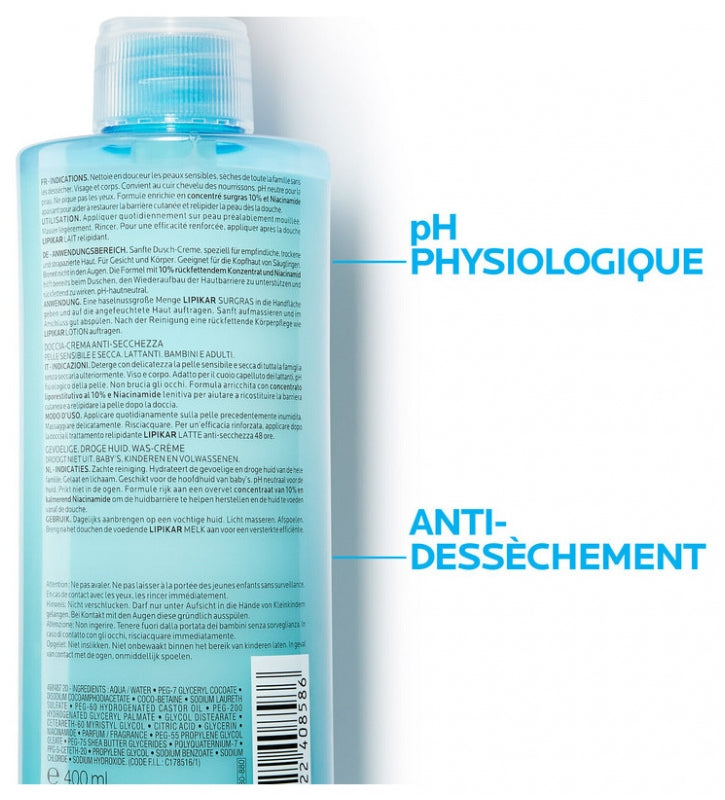 La Roche-Posay Lipikar Surgras Gel lavant corps pour peaux sèches 400ml