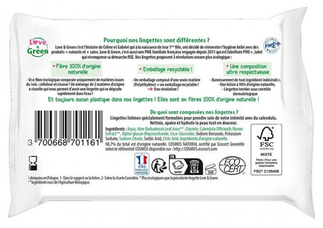 Love&Green Intimate Lingettes Nettoyantes Apaisantes x20