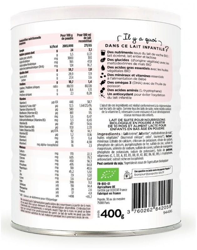 Popote Organic حليب نمو للأطفال من عمر 10 أشهر إلى 3 سنوات 400g