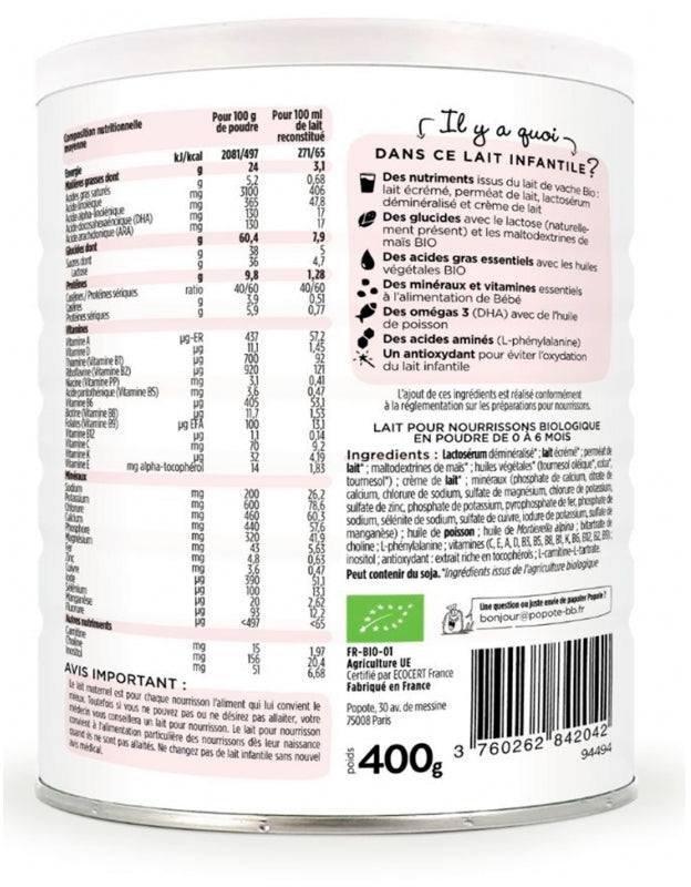 Popote Bio Lait infantile 1er âge de 0 à 6 mois 400g