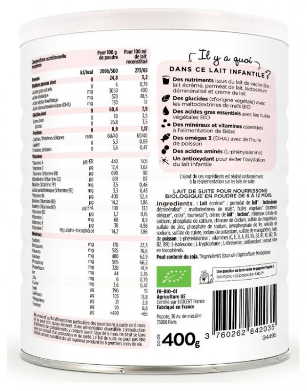 Popote Organic Lait infantile 2e âge 6 à 12 mois 400g