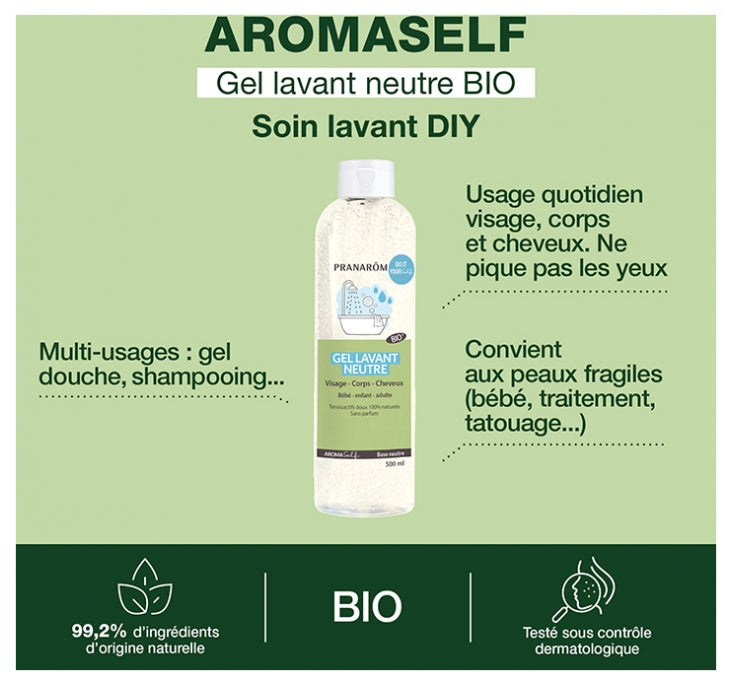 Pranarôm Aromaself Gel Lavant Base Neutre Bioes Face, Body and Hair 500ml (16.91fl oz)
