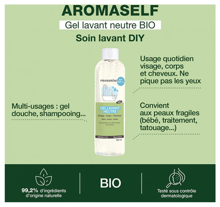Pranarôm Aromaself Gel Lavant Base Neutre Bioes Face, Body and Hair 500ml (16.91fl oz)