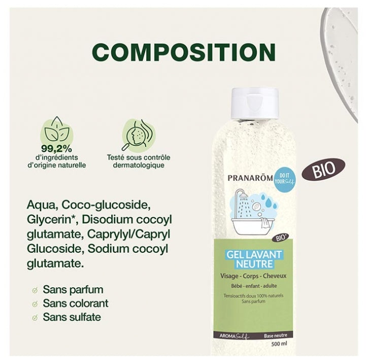 Pranarôm Aromaself Gel Lavant Base Neutre Bioes Face, Body and Hair 500ml (16.91fl oz)