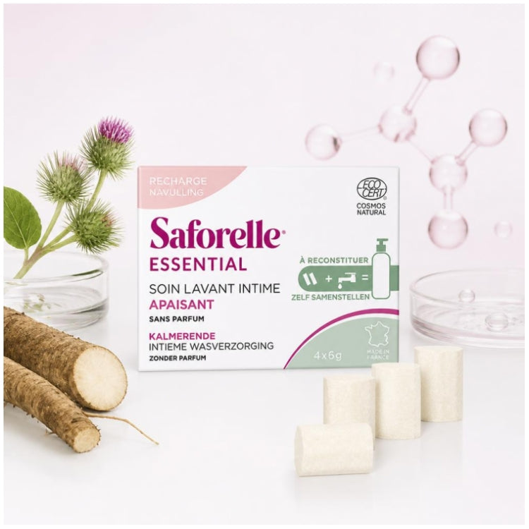 Saforelle Essential غسول Intima حميمي مهدئ، عبوة إعادة تعبئة لإعادة التحضير مع 4 أعواد تخفيف